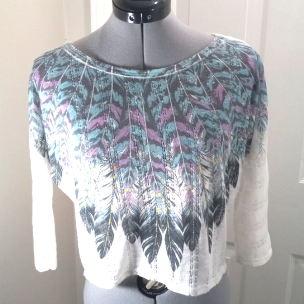 Womens Sz S/p Feather Cropped  Top Blue/Lavender/White